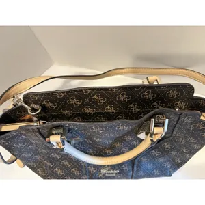 GUESS brown logo-print satchel with contrasting beige top handles thumbnail 6