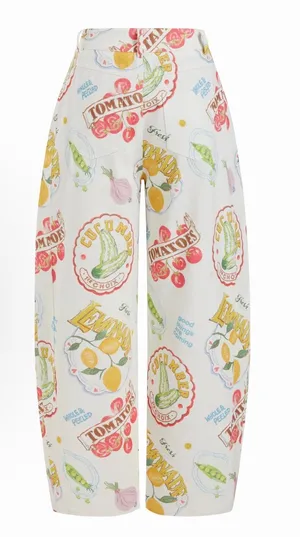 COTTON MID RISE FRUIT CAT GRAPHIC BARREL-LEG TROUSERS small thumbnail 1
