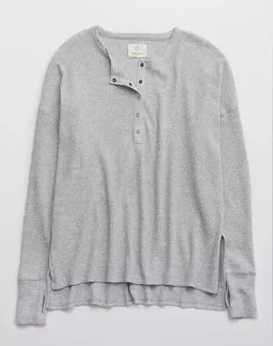 Aerie Henley Pullover long sleeve tee waffle knit ribbed oversized top thumbnail 1