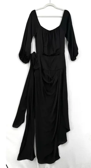 Four National Black Satin Asymmetrical Midi Dress Tie Waist Romantic Goth Size 4 thumbnail 1