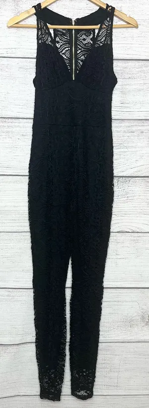BEBE Black Lace Sleeveless Jumpsuit with Exposed Zipper Size Small thumbnail 1