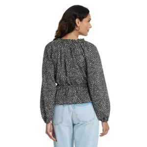 NWT Universal Thread Womens Balloon Long Sleeve Blouse 92235285 Black Abstract M thumbnail 2