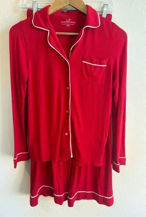 Vineyard Vines Red Long-Sleeve Pajama Set with White Piping XXS thumbnail 1
