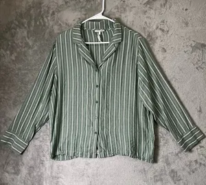 Cozy Earth Pajama Set Womens Large Green White Stripe Button Up Drawstring Pants thumbnail 1