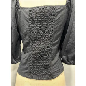 Ann Taylor Top M Black Square Neck Puff Sleeve Back Shirred Blouse Feminine thumbnail 4