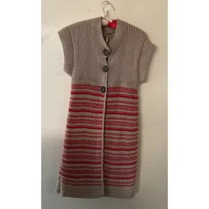 Free People Long Knit Sweater Vest Cardigan Button Front Striped Red Beige S thumbnail 4