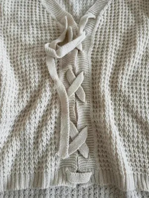 Urban Day Cream Waffle Knit Lace Up Back Sweater S/M thumbnail 4