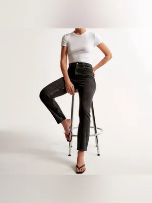 Abercrombie & Fitch High-Rise the mom Slim Straight Jeans - Black Wash SZ:33/16S thumbnail 3