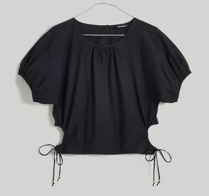 Madewell Embroidered Poplin Puff-Sleeve Cutout Crop Top in True Black NWT thumbnail 1