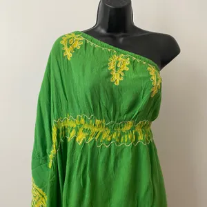 Fashion Terminal Cotton Boho Beachy Relaxed One Shoulder Kaftan Tunic Free Green thumbnail 2