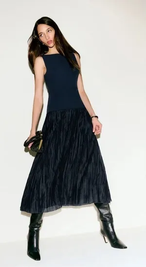 NWOT Reformation Cyra dropped waist pleated skirt dress midnight navy blue sz 0 thumbnail 1