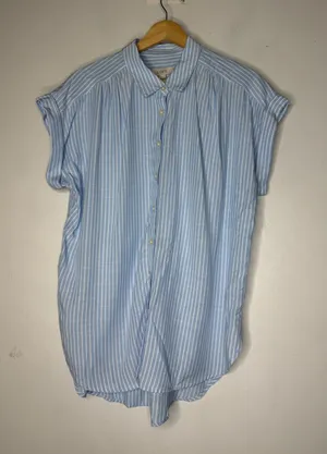 Loft Womens Blue White Striped Short Sleeve Button Down Rayon Shirt Medium thumbnail 1