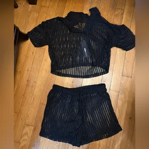 Island Breeze Crochet Fishnet Collared Cover Up Shorts Set - Black thumbnail 3
