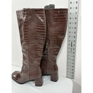 Womans Suedi Knee High Boots Brown Croc Faux Leather 8 Block Heel 1/2 Zip NWOT thumbnail 5