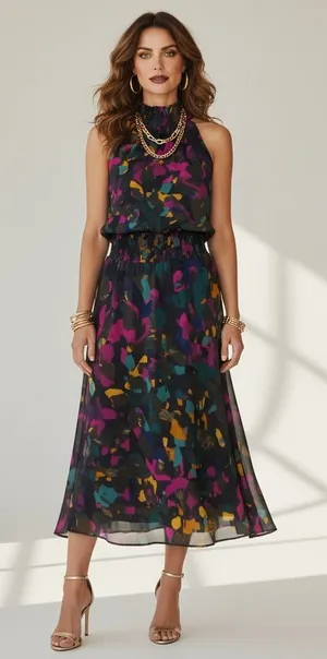 Sleeveless mock neck Multicolor chiffon Smocked waist midi dress wedding guest thumbnail 1