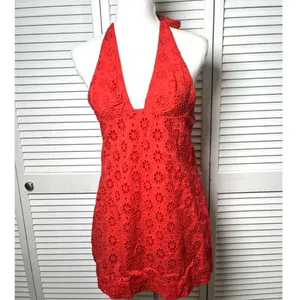 Free People Embroidered Halter 100% Cotton Red Trevi Eyelet Mini Dress Sz L NWT thumbnail 5