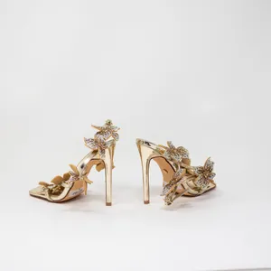 Azalea Wang Romi Stiletto Crystal Rhinestone Floral High Heel Sandal Shoe Gold 6 thumbnail 3