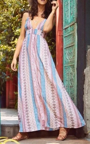 Lulus Maxin' Relaxin' Boho Beach Festival Tie‎ Strap Maxi Dress M Summer thumbnail 1