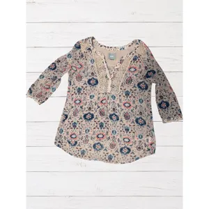 Maeve Anthropologie Stillwater Boho Henley Blouse 6 Floral Crochet Lace Top thumbnail 2