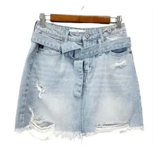 KanCan Denim Mini Skirt Womens Medium Distressed Light Wash Belted Indie‎ Boho thumbnail 1