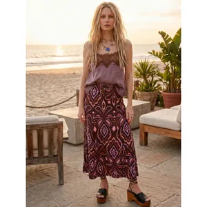 Farm Rio Bohemian Silky Satin Pineapple Ikat A-Line Midi Maxi Skirt Size Large thumbnail 16