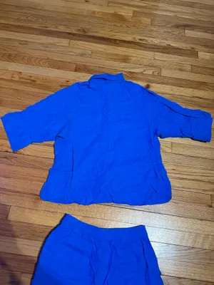 Zara Linen Matching set button shirt Coord wide pant drawstring lounge blue M thumbnail 9