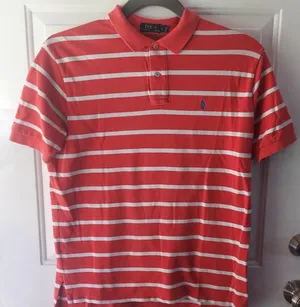 Polo Ralph Lauren Coral/Dark Pink & White Striped Blue Pony Polo Preppy Resort L thumbnail 1