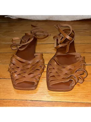 Zara tan leather sandals featuring a woven strap design and ankle laces thumbnail 2