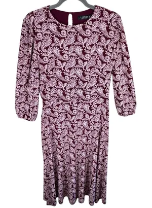 Lauren Ralph Lauren Burgundy White‎ Paisley 3/4 Sleeve Belted Midi Dress Size 8 thumbnail 1