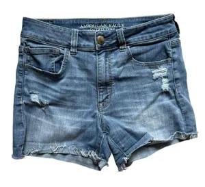 Womens American Eagle AEO Denim Distrssed Hi-Rise Shortie Stretch Jean Shorts 6 thumbnail 1