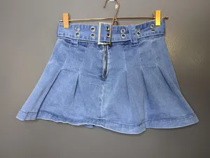 Sugar Thrillz Skirt Womens Small Blue Denim Stretch Pleated Mini Belted Grommet thumbnail 1