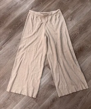 Marled Wide Leg Oatmeal Pull On Pants Large Stretchy Loose Lounge Knot thumbnail 1