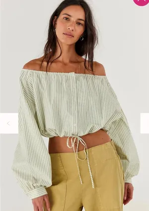 We The Free /Free People Striped Off-Shoulder Crop Top with Drawstring NWT Large thumbnail 1