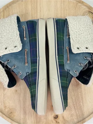 Sperry Tartan Plaid Fleece Lined Fold Over Boots Blue Green Women 11 Preppy thumbnail 6