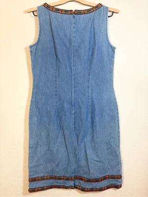Vintage Denim Embroidered Beaded Trim Dress Size 8 thumbnail 2