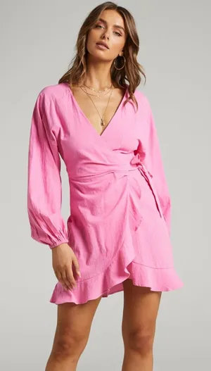 Showpo Hot Pink Mini Dress Long Sleeve US 2 thumbnail 1