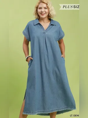 New! Umgee Plus Size Cotton Stone Washed Collared Denim Midi Dress Size 2X thumbnail 2