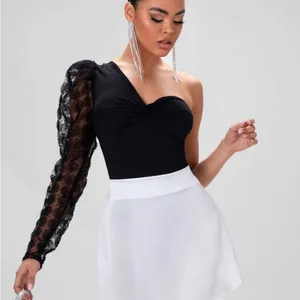 SheIn Black One-Shoulder Bodysuit with Lace Detail thumbnail 3