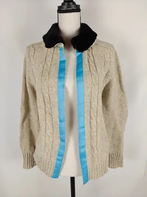 Women's Cable Knit Cardigan Sweater Cream Faux Fur Collar Open Front thumbnail 1