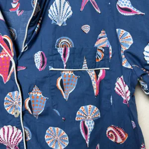 Printfresh Women Cotton Pajama Top XS Blue Seashell Starfish Button Front Pocket thumbnail 4
