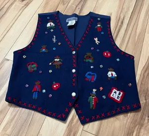 VTG Erika Classics Embroidered Academia Vest Wool Blend Sz M Bears Math Apple thumbnail 1