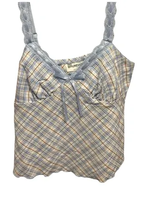 No Boundaries Plaid Babydoll Lace Trim Ribbon Detail Cami Tank Top thumbnail 1