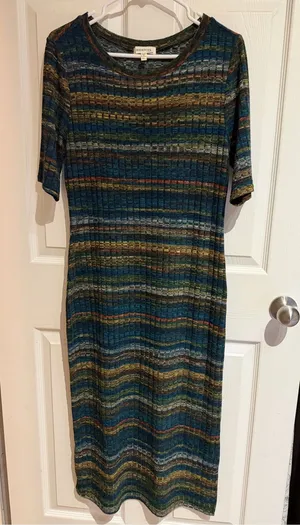 Monteau Teal Multi-Striped Ribbed Midi Dress XL thumbnail 1