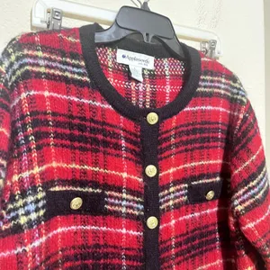 VTG Appleseeds Red Plaid Mohair Blend Cardigan Sweater Gold Button Jacket Large thumbnail 3