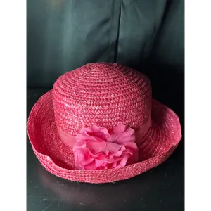 Vintage Magenta Pink Straw Sun Hat Wide Brim Floral‎ Ribbon Accent Summer Beach thumbnail 9