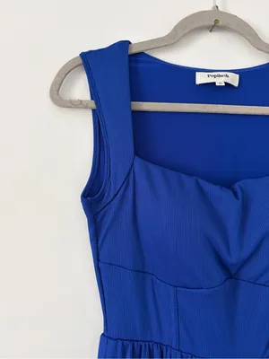Popilush Sleeveless Square Neck Ribbed Cinch Wide Leg Jumpsuit Blue NWT M thumbnail 4