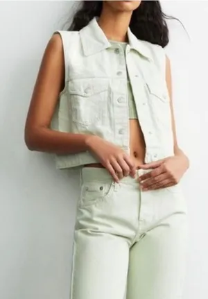 Zara Light Mint Denim Vest Jacket Small thumbnail 1