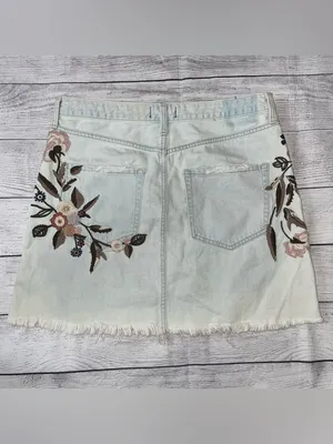 Abercrombie Embroidered Light Wash Denim Mini Skirt - Floral Detail thumbnail 3