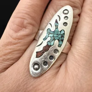 Vintage Sterling Silver Native American Turquoise Coral Chips Peyote Bird Ring 7 thumbnail 8