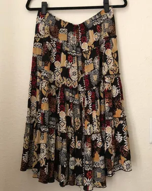 90s Vintage Sag Harbor black brown tan earthy fairy grunge patchwork tiered midi skirt indie boho elastic waist thumbnail 1
